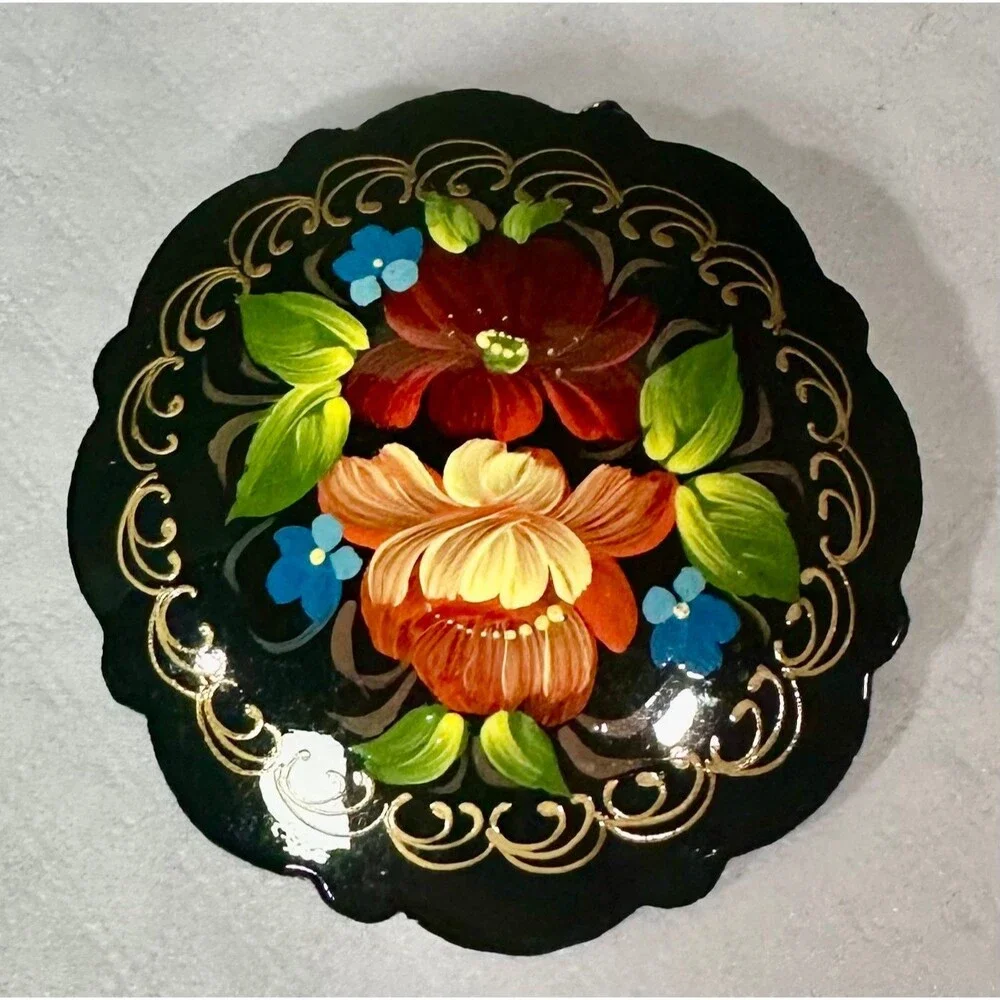 Vintage Authentic Russian Zhostovo Hand Painted Floral Lacquer Pin Brooch Black